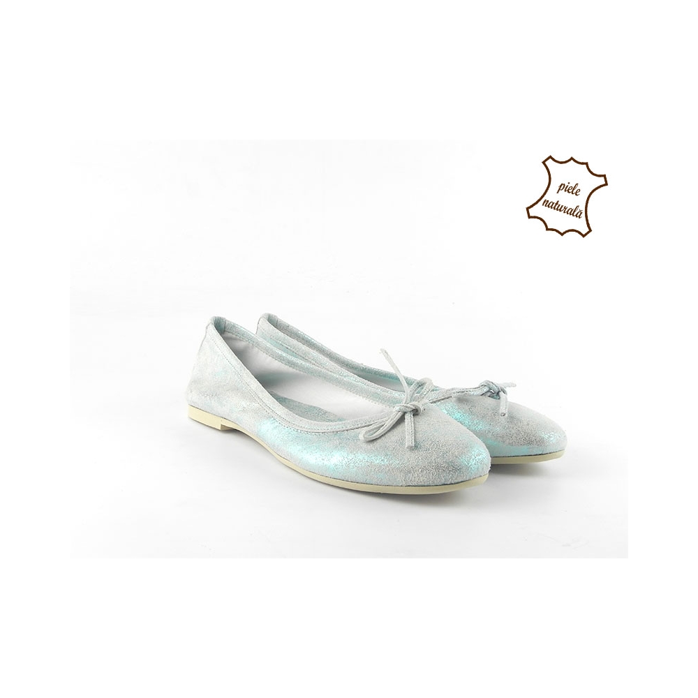 Balerini dama piele naturala intoarsa E400 Menta-Lame
